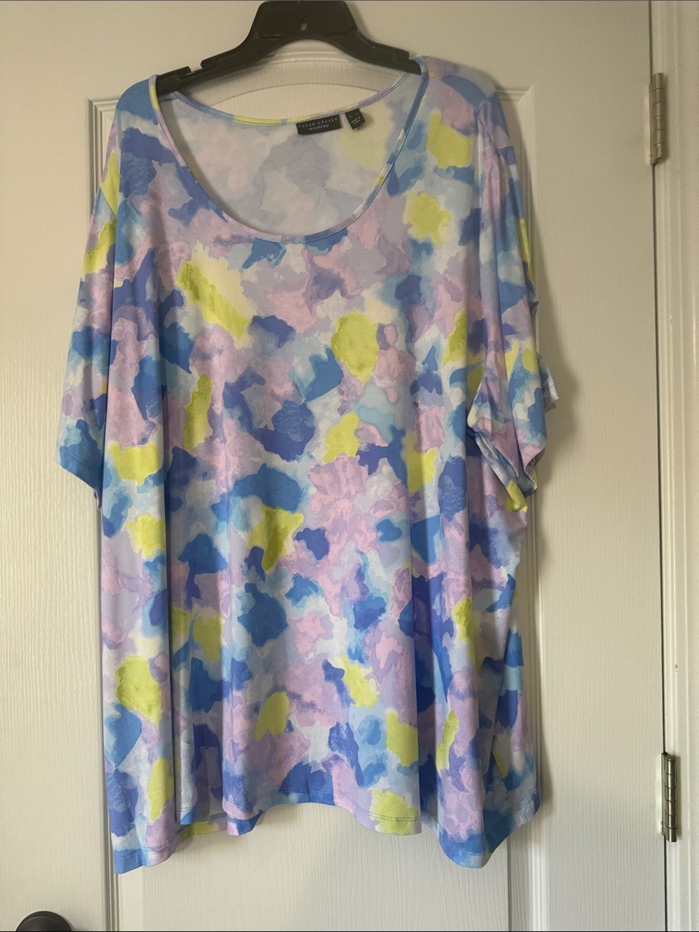 Susan Graver Pastel Watercolor Scoop Neck Tunic - Blue, Purple, Yellow Size 4X
